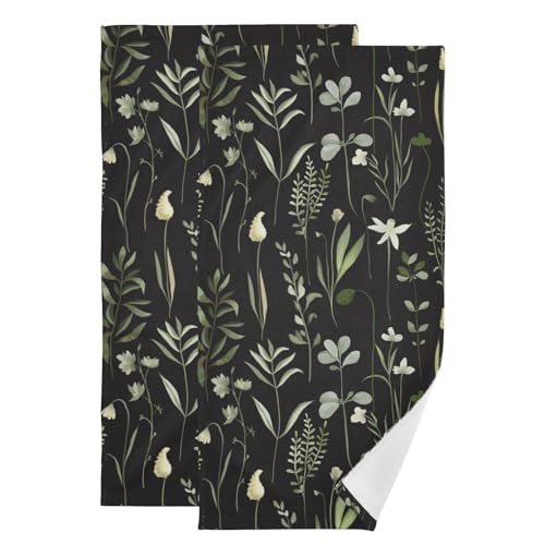 2 Pack Green Black Leaves Plant Hand Towels for Bathroom,Absorbent Fingertip Guest Vintage White Floral Fern Decorative Bath Towels,Soft Sage Botanical Dish Towels for Kitchen Decor 14"x28" - color: Black Green