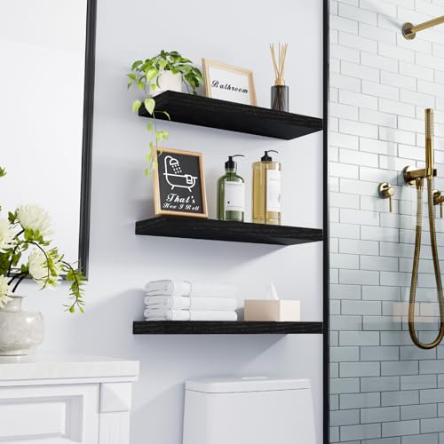 BAYKA Floating Shelves for Wall, Wall Mounted Rustic Wood Shelves for Bathroom, Bedroom, Living Room, Kitchen, Hanging Shelf for Books/Storage/Room Decor with 22lbs Capacity (Black, Set of 3, 15.7in) | Easy Install, Space Saving, Hidden Bracket, Wall Shel