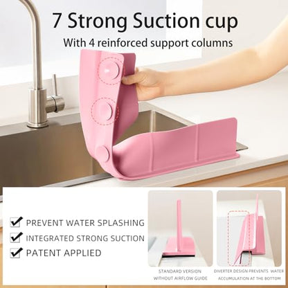 23" Ultra Silicone High Sink Splash Guard, Pink | Released in 2026, Self-Draining Water Splash Guard, for Kitchen Sink&Bathroom&Island, 3.5" Splash Guard, 7 Strong Suction Cup - color: Pink
