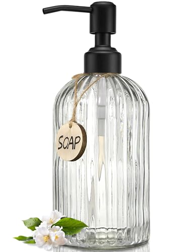 JASAI 18Oz Simple Glass Soap Dispenser with Black Rust Proof Pump. | Refillable Kitchen soap Dispenser with Vertical Stripe, Bathroom Soap Dispenser for Dispense Hand soap, Dish Soap, Lotion. - color: Clear-black Pump, size: 1 Pack