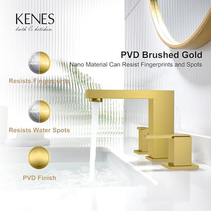 Brushed Gold Widespread Bathroom Faucet 3 Hole Vanity Faucet 2 Handle | Bathroom Sink Faucet with Pop Up Drain & Supply Lines, Lead-Free cUPC & NSF Certified, 8 Inch Faucet for Vanity Restroom Sink - color: Brushed Gold