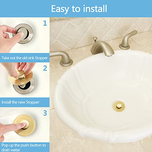 Gold Bathroom Sink Stopper – Pop Up Drain Stopper & Strainer, 2-in-1 Universal Sink Stopper, Compatible with 1.1" to 1.5" Bathroom Sink Drain Pipes, Gold Matte Brushed Finish - color: Gold Matte Brushed Finish