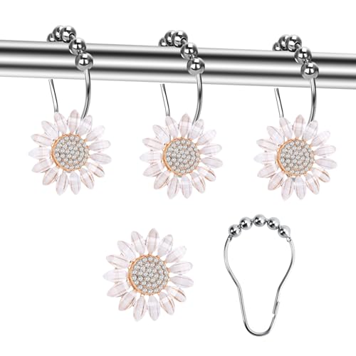 Decorative Sunflower Shower Curtain Hooks,Set of 12,Crystal Rhinestone Center,White Petals,Roller Ball,Stainless Steel,Flower Decor,Rustproof,Shower Rings,Easy Install,for Bathroom Decor