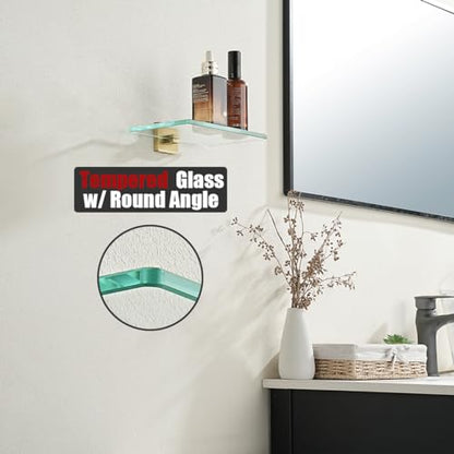 JQK Bathroom Glass Shelf Gold, Tempered Glass Shower Storage 8 by 5 inches, 304 Stainless Steel Brushed Gold Wall Mount, TGS201L8-BG - color: Brushed Gold, size: 8 Inch