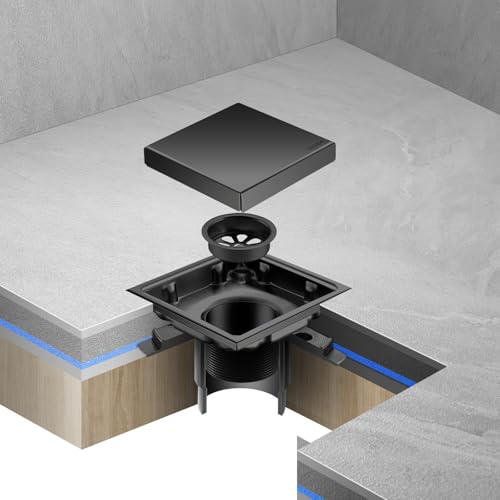 Hidden Brushed Square Shower Floor Drain, Black 4 inch, 304 Stainless Steel, with Flange, Detachable Cover Embedded in Ceramic Tiles - color: Hidden Black, size: 4 inch