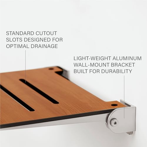 Seachrome 18 inch Silhouette Slimline Folding Wall Mount Shower Bench Seat, Teak Seat with Silver Frame - color: Teak Seat With Silver Frame