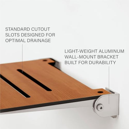Seachrome 18 inch Silhouette Slimline Folding Wall Mount Shower Bench Seat, Teak Seat with Silver Frame - color: Teak Seat With Silver Frame