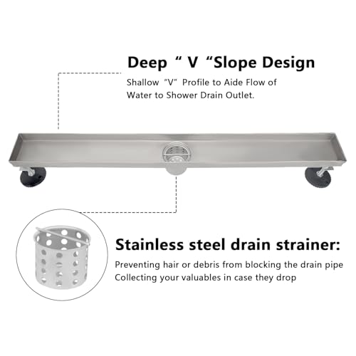 24 Inch Tile Insert Linear Shower Drain with Leveling Feet and Rubber Gasket 2" Outlet Plastic ABS Flange and Hair Strainer - Removable Brushed SS304 Grate - Fit 2" or 3" Pipe