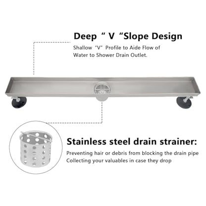 24 Inch Tile Insert Linear Shower Drain with Leveling Feet and Rubber Gasket 2" Outlet Plastic ABS Flange and Hair Strainer - Removable Brushed SS304 Grate - Fit 2" or 3" Pipe