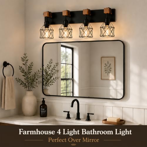Farmhouse Vanity Light Fixture,4-Light Bathroom Lighting,Black Industrial Wood Wall Light Over Mirror with Metal Shade,LED Bulbs Not Included - color: Black, size: 4-Light-Wide 28"