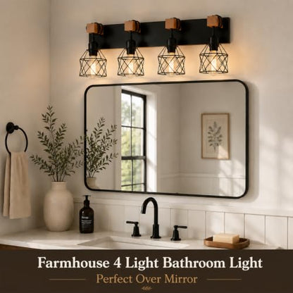 Farmhouse Vanity Light Fixture,4-Light Bathroom Lighting,Black Industrial Wood Wall Light Over Mirror with Metal Shade,LED Bulbs Not Included - color: Black, size: 4-Light-Wide 28"