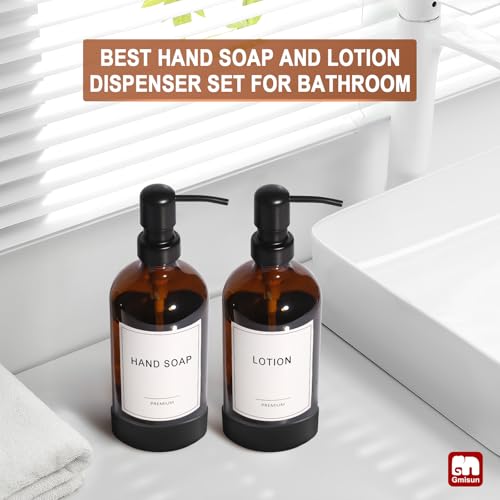 GMISUN Amber Glass Soap Dispenser with Silicone Sleeve Boot, 2 Pack Bathroom Hand Soap Dispensers with Pump, 17 Fl Oz Kitchen Hand and Dish Soap Dispenser Set, Liquid Soap Dispensers Bottle - color: Amber Bottle + Black Pump + Silicone Boot, size: 2 Pack