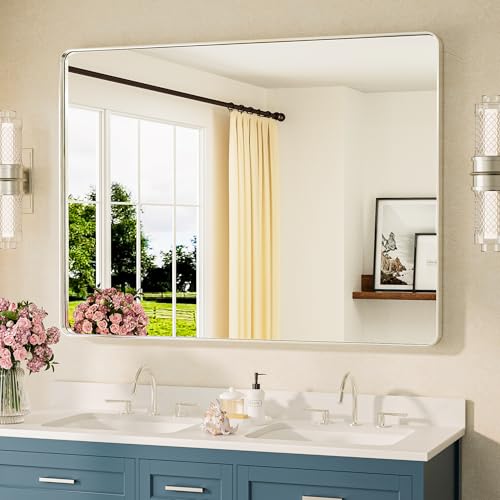 TETOTE 48 x 36 Inch Brushed Nickel Bathroom Mirror Metal Framed Bathroom Mirror, Tempered Glass, Modern Farmhouse Wall Mounted Mirror for Decorative(Horizontal/Vertical) - color: Brushed Nickel, size: 36"L x 48"W