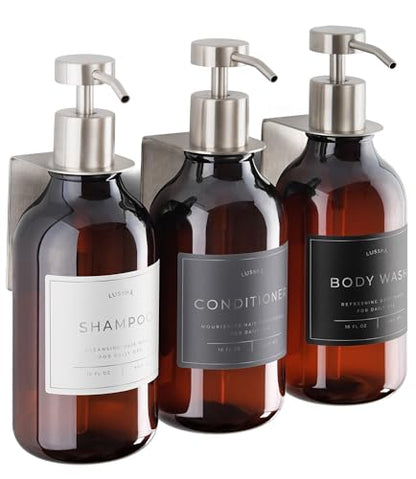 Shower Shampoo Dispenser Wall Mounted – 3 Refillable 16.9 oz Amber Bottles with Stainless Steel Pumps & No-Drill Adhesive Holders – Soap Dispenser Set for Bathroom (3 X Amber/Silver) - color: 3 X Amber/Silver