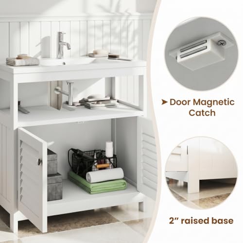 Under Sink Storage Cabinet, U Shape Cutout Wall Mounted Bathroom Vanity Organizer Freestanding Floor Cabinet for Pedestal Sink Waterproof Cabinet for Washroom Householding Cleaning Supplies, White