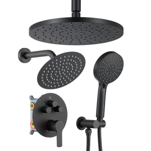 Iriber Matte Black Shower head with Handheld,8"+10" Rain Shower Faucet Set | 10 Inch Ceiling +8 Inch Wall Mount Dual Shower Heads,Push Button Diverter,3 Setting Handheld,Pressure Balance Valve Cartridge - color: Matte Black 06
