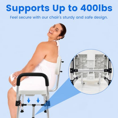 U-Shaped Shower Chair for Inside Shower, 400lbs Max Heavy Duty Triple-Bar Base Reinforcement, with Arm and Back for Elderly and Disabled, Adjustable Height, Effortless Personal Hygiene Access