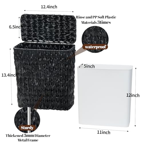 Coeusy Black Wicker Trash Can with Lid and Liner,Waterproof Narrow Waste Basket for Bathroom,Bedroom,Office,3 Gallon - color: black