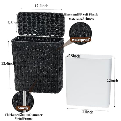 Coeusy Black Wicker Trash Can with Lid and Liner,Waterproof Narrow Waste Basket for Bathroom,Bedroom,Office,3 Gallon - color: black