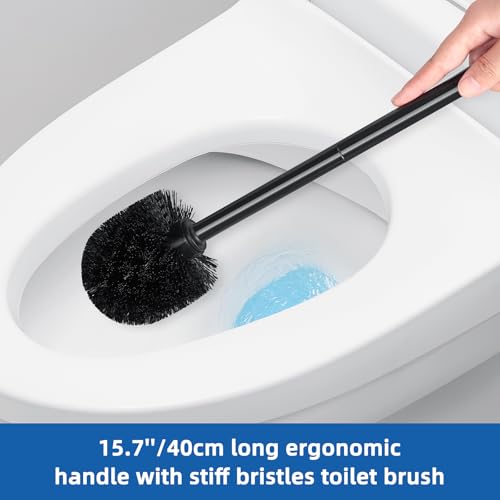 Qaestfy Toilet Plunger and Brush Set for Bathroom Cleaning, 2-in-1 Long Handle Toilet Bowl Brush with Stiff Bristles & Powerful Plunger, Space-Saving Holder (Pack of 2)