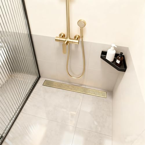 Linear Shower Drain - 24 Inch Brushed Gold, with Grate Removable | AISI 304 Stainless Steel Shower Drain with Adjustable Feet, Hair Catcher, Rectangle Shower Floor Drain Fits Bathroom, Balcony - color: Brushed Gold, size: 24 Inch