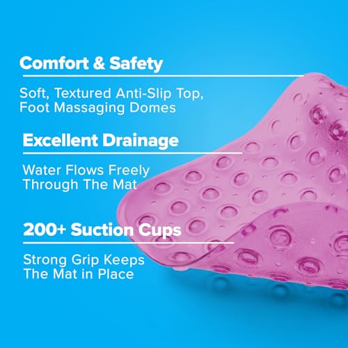 SlipX Solutions 39x16 Extra Long Non Slip Bath Mat, Tub & Shower, Pink | Anti Slip Mat for Elderly & Kids Bathroom, 30% More Coverage, 200 Suction Cups, Hundreds of Drain Holes - color: Translucent Pink
