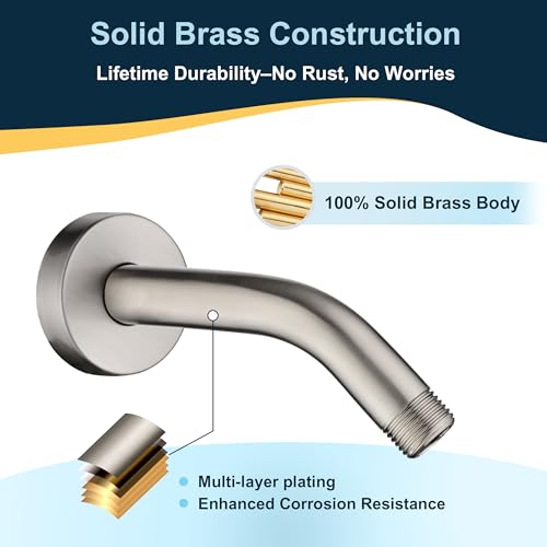 BRIGHT SHOWERS 6 Inch Brass Shower Arm with Flange Shower Pipe Arm for Wall Mount Fixed and Handheld Shower Head, Brushed Nickel - color: Brushed Nickel, style: Basic 6 Inch