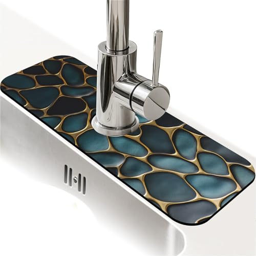 Kitchen Sink Splash Guard，Blue and gold stones Faucet Mat Sink Gadgets-Super Absorbent Fast Drying Mat Drip Catcher for Kitchen, Bathroom,Sink Mat, Dish Drying Mat, Bathroom(15" X 5.5" ) - color: Blue and gold stones