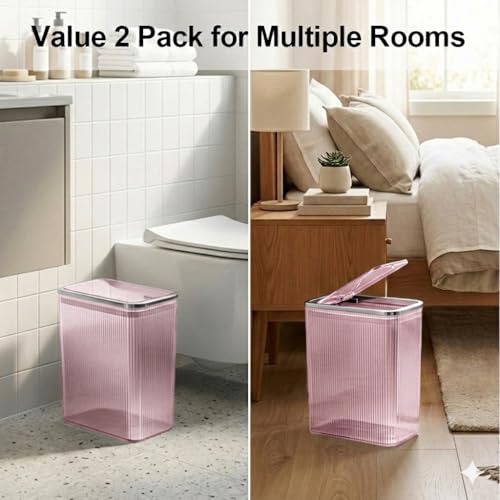 2-Pack Bathroom Trash Can with Lid – 2.6 Gallon / 10L Clear Waste Basket with Pop-Up Lid & Bag Ring – Slim Plastic Garbage Can for Bathroom, Bedroom, Office – Colorful Small Trash Can, Purple Pink - color: Pink