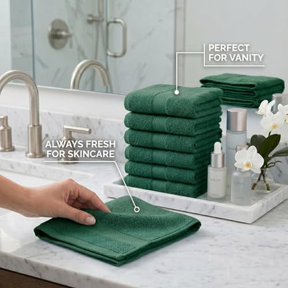 Sofea 100% Cotton Washcloths Set of 12, (12 x 12 Inch) 520 GSM Wash Cloths, Extra Soft Absorbent Quick Dry Face Towels - color: Forest Green
