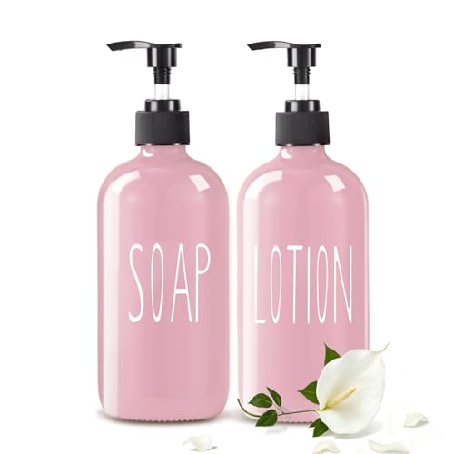 COHOSEGE Glass Soap Dispenser Set 2 Pack,16 Oz Hand Soap Dispenser for Bathroom,Pink Kitchen Accessories and Bathroom Decor,Soap and Lotion Dispenser Set for Bathroom - color: Pink-sl