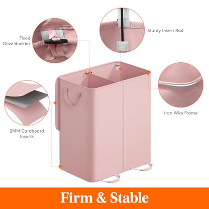 Lifewit Double Laundry Hamper with Lid and Removable Laundry Bags, Large Collapsible 2 Dividers Dirty Clothes Basket with Handles for Bedroom Laundry Room Closet Bathroom College, 155L Pink - color: Pink, size: 155L