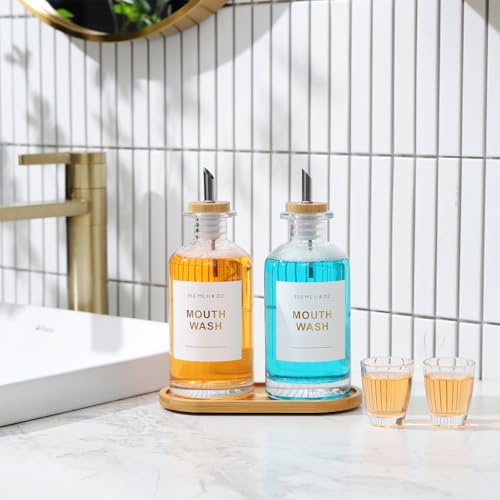 11.8OZ Glass Mouthwash Dispenser, Set of 2, Clear | Stainless Steel & Bamboo Nozzle, Reusable Mouthwash Cup, Bamboo Tray, Elegant Gold Sticker - color: Clear/350*2