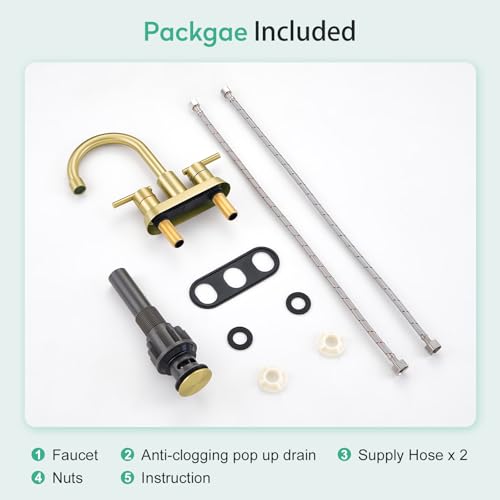 Faustina Brushed Gold Bathroom Faucet, 4 Inch Centerset Faucets for Sink 2 Holes 3 Holes，Two Handles 304 Stainless Steel Faucet with Pup up Drain Assembly and 2 Water Supply Lines for RV Vanity - color: Gold, style: Modern Centerset