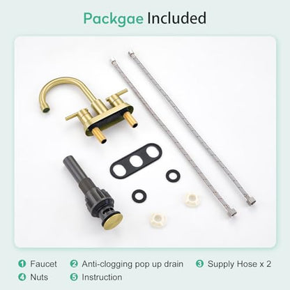 Faustina Brushed Gold Bathroom Faucet, 4 Inch Centerset Faucets for Sink 2 Holes 3 Holes，Two Handles 304 Stainless Steel Faucet with Pup up Drain Assembly and 2 Water Supply Lines for RV Vanity - color: Gold, style: Modern Centerset