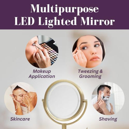 JERDON Hardwired Wall-Mount Makeup Mirror - 8X/1X - Gold - HL88BGLD | 8.5" Round Frame, 13.5" Wall Arm, LED Lighting, Direct Wire Installation - color: Gold Direct Wire