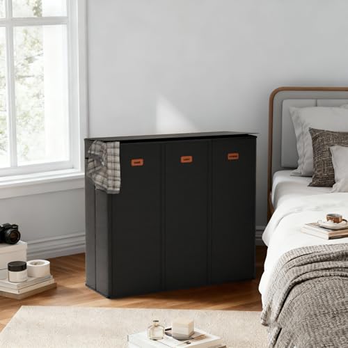 185L Laundry Hamper 3 Section with Lid, Black Dirty Clothes Hamper with 3 Removable Laundry Bags, Large Laundry Basket for Bedroom, Laundry Room, Dorm - color: Black