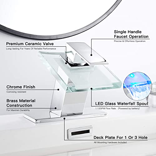 Bathroom Sink Faucet LED Light 3 Colors Changing Waterfall Glass Spout | Chrome, Hot Cold Water Mixer, Single Handle One Hole, Deck Mounted, Lavatory Vanity Basin Bath - color: Chrome, style: with LED Light