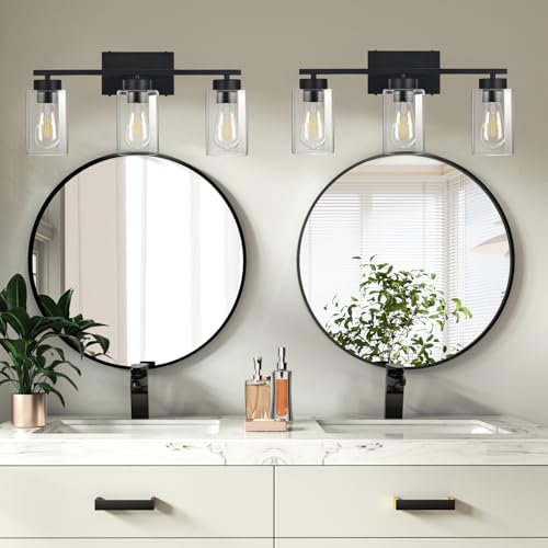 3-Light Bathroom Vanity Light, Modern Black Wall Lights with Clear Glass Shades, Bathroom Wall Sconce Lamp for Mirror Living Room Bedroom Hallway - color: 3 Light Black-Small