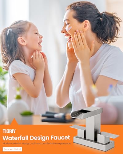 Waterfall Bathroom Faucet for Sink 3 Hole, 4 inch, Brushed Nickel Waterfall Sink Faucets with Pop-up Drain and 2 Supply Hoses, Stainless Steel 2-Handle Centerset Faucet for Sink Vanity, T-6008BN - color: Brushed Nickel