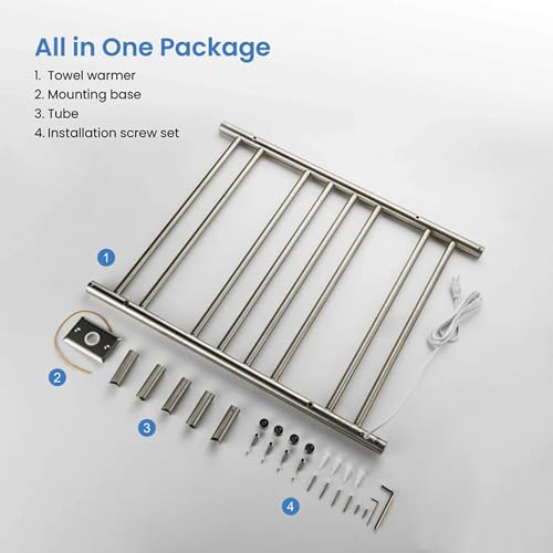 Kibi 24 Inch Wall-Mounted Electric Towel Warmer Rack– 8-Bar 304 Stainless Steel, ETL-Certified, Hardwired or Plug-in, Fast-Heat Up to 122 Degrees F – Heated Towel Rack for Bathroom (Brushed Nickel) - color: Brushed Nickel