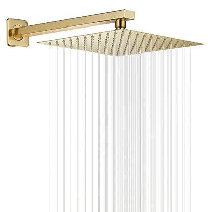 Rain Shower Head Brushed Gold with Extension Arm 16 Inch Square Shower Head with 16 Inch Shower Arm Large Stainless Steel Rainfall Showerhead Waterfall Full Body Coverage - color: Brushed Gold, size: 16inch