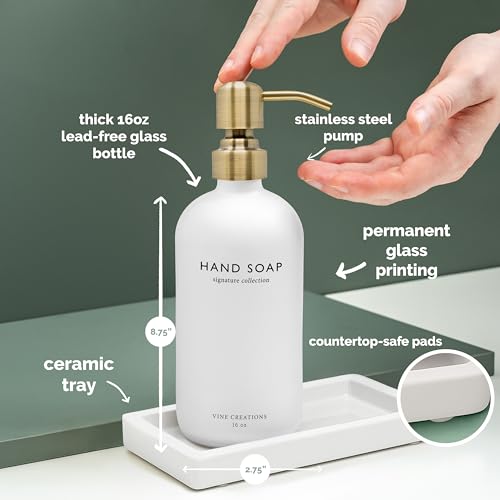 Vine Creations Glass Soap Dispenser Set, Kitchen Soap Dispenser Set with Ceramic Tray, 16 oz Dish Soap and Hand Soap Dispenser Set with Stainless Steel Pump Decor (White Bottle/Brushed Brass) - color: White Bottle / Brushed Brass Pump