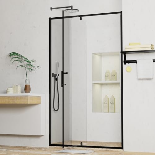 38-42"W x 71"H Pivot Swing Glass Shower Door, 1/4"(6mm) Clear Tempered Glass Pivot Frame Sliding Shower Door, Quiet-Close, Reversible Installation, SGCC Certified (Matte-Black-Pivot-B, 42''W x 71''H) - color: Matte-Black-Pivot B-42''W x 71''H