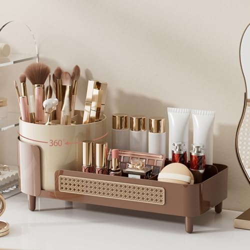 Booklov Rotating Makeup Organizer for Vanity Countertop, Coffee | Plastic Cosmetic Display Case, Large Beauty Brush Holder for Bathroom Counter, Skin Care Perfumes Storage - color: Coffee