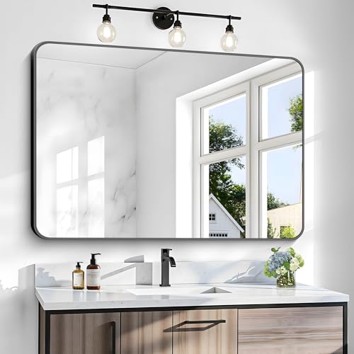BONEWEI 36x48 inch Bathroom Mirror,Black Rectangle Mirror,Wall Mounted Bathroom Frame Vanity Mirror with Round Corner for Bedroom Living Room, Entryway Hangs Horizontal or Vertical - color: Black Rounded Rectangle, size: 48"L x 36"W