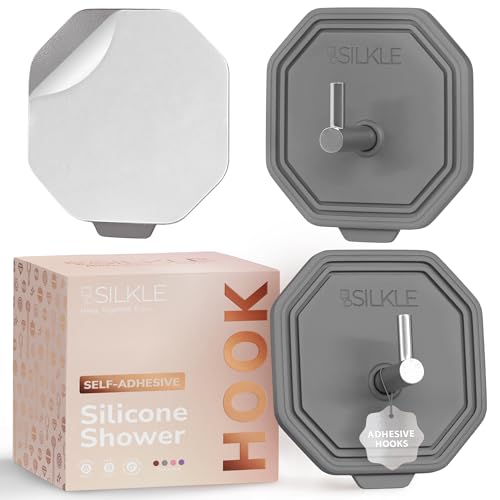 SILKLE Silicone Shower Hooks for Inside Shower, 2-Pack Adhesive Towel Hooks | Adhesive Shower Hooks, No Drill - Razor & Loofah Holders for Shower Wall, Heavy-Duty, Waterproof, Damage-Free - Gray - color: Gray