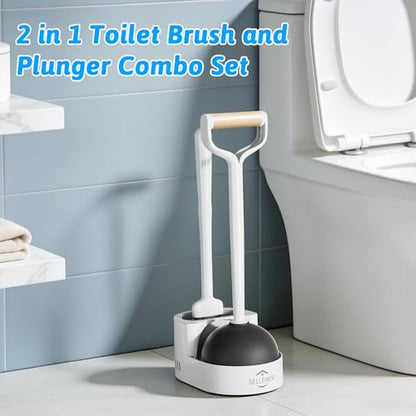 Toilet Brush and Plunger Set, Curved Head Deep Clean, White 2 Pack | Brush and Plunger set, Curved Nylon Bristles for Deep Clean, Strong Suction Plunger, Ventilated Holder for Quickly Air Dry - color: White