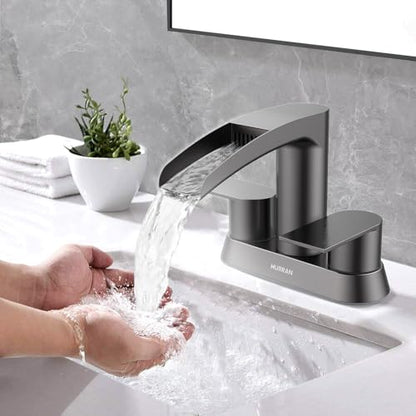 Bathroom Sink Faucet for 3 Hole, Hurran 4 Inch Bathroom Faucets with Pop-up Drain, Stainless Steel 2-Handle Waterfall Faucet for Bathroom Sink, Brushed Grey - color: Brushed Grey