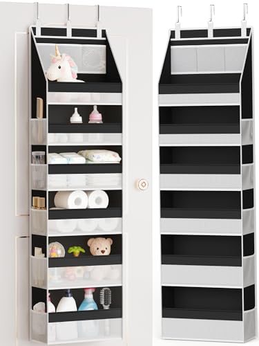 Over the Door Organizer, Heavy-Duty 6-Shelf Hanging Storage with 13 Mesh Pockets, 55lbs Capacity Behind the Door Storage for Nursery, Bathroom, Bedroom, and Dorm, Black - color: Black, size: 1 PACK